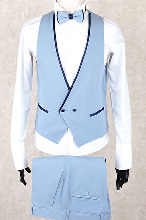 Jan Carlucci Slim Fit Saten Sivri Yaka-Çift Yırtmaç Buz Mavisi Drop 6 Damatlık Smokin - Full Set Yelek, Gömlek, Papyon 