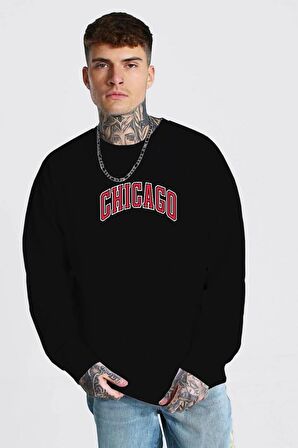 %100 Pamuk Oversize Chicago Baskılı Unisex Sweatshirt