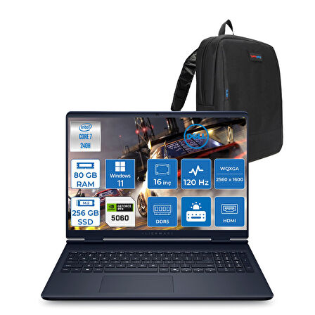 Dell Alienware 16 Aurora Intel Core Ultra 7 240H 80GB Ddr5 256GB SSD Windows 11 Home 8gb RTX5060 16 Inç 2K(2560×1600) Wqxga 120Hz Wva Taşınabilir Bilgisayar AC16250C716156WH43 + Zetta Çanta
