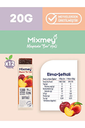 Mixmey Şeftali Meyve Bar 12 Adet | Vegan, Glutensiz Sağlıklı Atıştırmalık - 20gr X 12 Adet