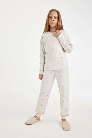 DeFacto Kız Çocuk Pijama Takımı Kalp Baskılı Bisiklet Yaka Uzun Kollu Üst Uzun Alt D3728A824AUER151