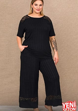 Büyük Beden Siyah Omuzlar ve Paça Dantelli Kısa Kollu Uzun Pijama Takımı 10994