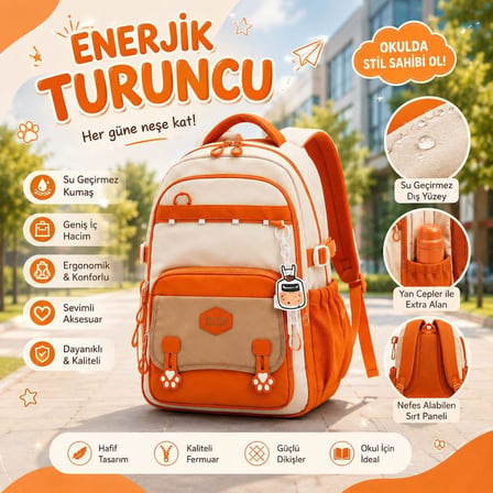 Premium KORE İthal Su Geçirmez Kumaş Çok Gözlü Okul, Spor, Seyahat, Laptop Sırt Çantası Kiremit