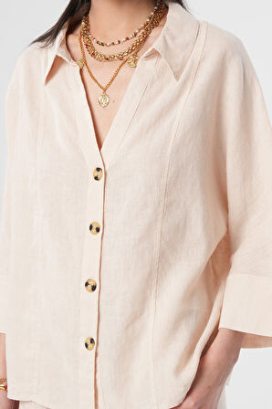 KADIN %100 KETEN V YAKA DÜZ RENK GÖMLEK