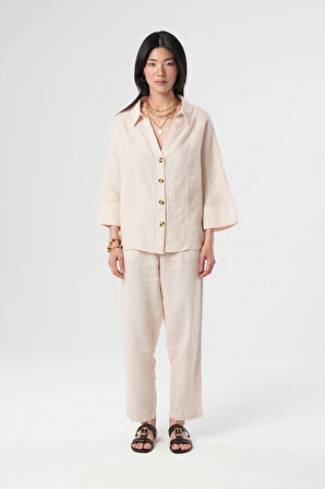 KADIN %100 KETEN V YAKA DÜZ RENK GÖMLEK