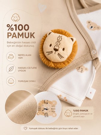 Lilliy 5 Parça Aslan Desenli Yenidoğan Hastane Çıkışı Seti %100 Pamuklu 0-3 Ay Erkek Bebek