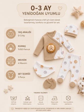 Lilliy 5 Parça Aslan Desenli Yenidoğan Hastane Çıkışı Seti %100 Pamuklu 0-3 Ay Erkek Bebek