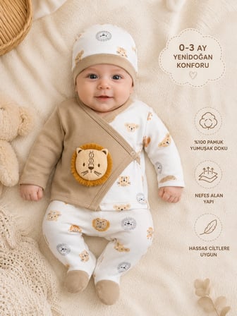 Lilliy 5 Parça Aslan Desenli Yenidoğan Hastane Çıkışı Seti %100 Pamuklu 0-3 Ay Erkek Bebek