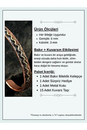 Copper Wave Bakır Kelepçe Bilezik Erkek Kadın Kuvars Taşı ve Metal Kutulu