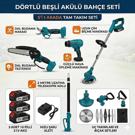 BİXA Profesyonel 5’li Akülü Bahçe Seti - 21V 3 Adet 10 Pilli Bataryalı Şarjlı Çim Biçme, Dal Budama Makası, Testere, Hava Üfleme ve 2 Metre Teleskopik Uzatma Kollu Tam Takım