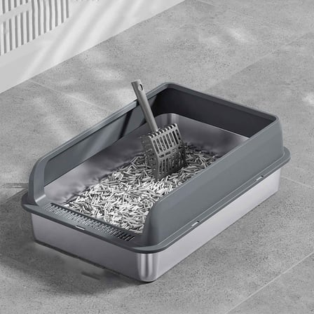  Mozonone Paslanmaz Çelik Yarı Kapalı Kedi Tuvaleti Metal Kum Kabı Üstten Giriş Yüksek Kenar Kürekli