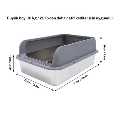  Mozonone Paslanmaz Çelik Yarı Kapalı Kedi Tuvaleti Metal Kum Kabı Üstten Giriş Yüksek Kenar Kürekli