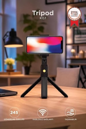 Mobil Aksesuar Uzaktan Kontrol Seyahat Gereci K07 Siyah Tripod Kumandalı Mini Selfie Çubuğu