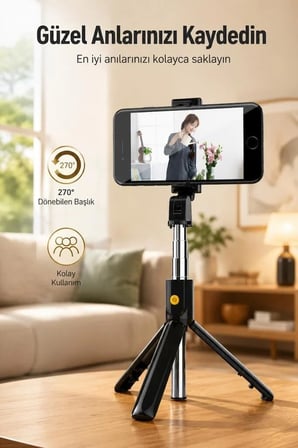 Mobil Aksesuar Uzaktan Kontrol Seyahat Gereci K07 Siyah Tripod Kumandalı Mini Selfie Çubuğu