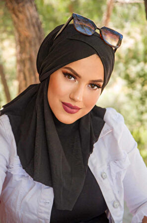 Siyah Çapraz Bantlı Medium Size Hijab - Hazır Şal