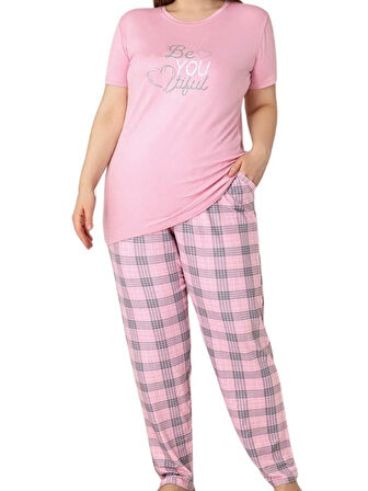 Kadın Bisiklet Yaka Düğmesiz Battal Kesim Viskon Yazlık Kısa Kol Cepli Büyük Beden Pijama Takımı