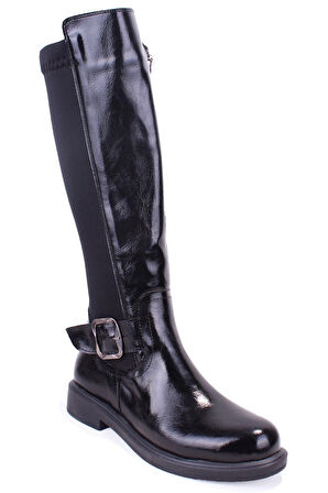 Dagoster DZA07-8965545 Siyah Kırışık Rugan Streçli Düz Topuklu  Kadın Çizme