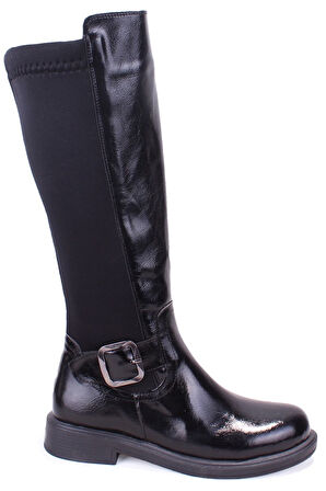 Dagoster DZA07-8965545 Siyah Kırışık Rugan Streçli Düz Topuklu  Kadın Çizme