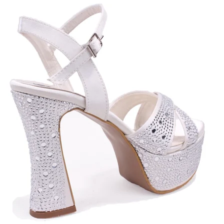 Dagoster DZA07-771900 Sedef Saten Çapraz Bant 12 cm Kalın Topuklu Platform Kadın Ayakkabı