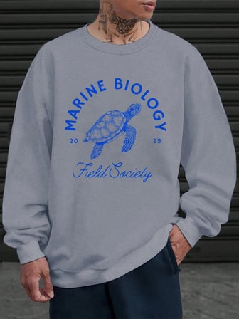 Deniz Biyolojisi Kaplumbağa Baskılı Sweatshirt Erkekler İçin Bisiklet Yaka Günlük Kazaklar Po