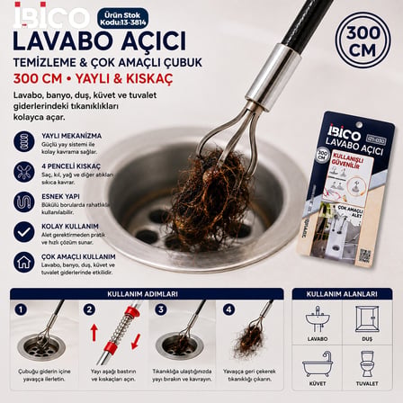 300CM YAYLI - KISKAÇ LAVABO - GİDER VB.TEMİZLEME - ÇOK AMAÇLI ÇUBUK (5673)