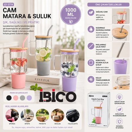 CAM 1000ML MATARA - SULUK BAMBU KAPAK - SIZDIRMAZ SİLİKONLU ÇELİK PİPET KORUYUCU SİLİKON ALTLIK - KI