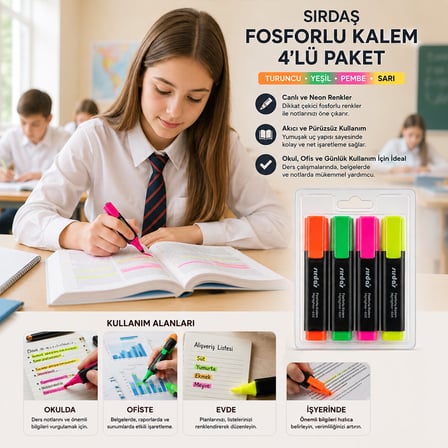 YUMA YM-792-4  792-T-Y-S-P   4PCS  FOSFORLU KALEM  TURUNCU - YEŞİL - SARI - PEMBE (5673)