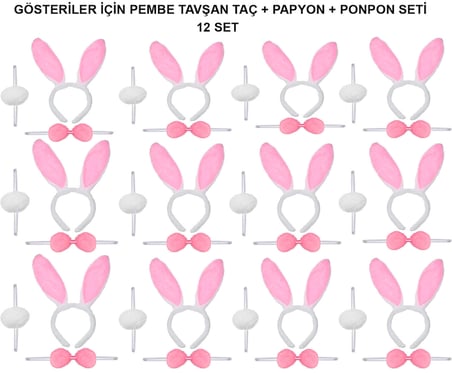 Pembe Tavşan Kostüm Seti – Taç, Papyon, Ponpon (12’li Paket) (5673)