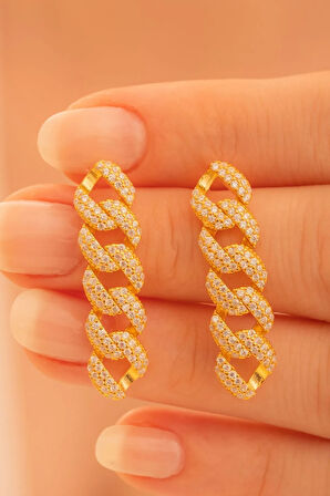 Kadın Gümüş Küpe - 22 Ayar Gerçek Altın Kaplama Taşlı Gurmet Model Gümüş Küpe