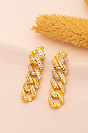 Kadın Gümüş Küpe - 22 Ayar Gerçek Altın Kaplama Taşlı Gurmet Model Gümüş Küpe