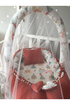 Babynest Kiremit Örgü v Müslin Kumaş Ponponlu Jaju-babynest Oyuncak Askı ve Cibinlik Tül Set