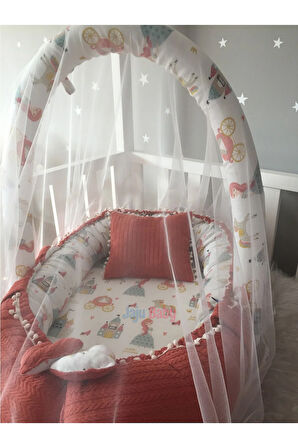 Babynest Kiremit Örgü v Müslin Kumaş Ponponlu Jaju-babynest Oyuncak Askı ve Cibinlik Tül Set