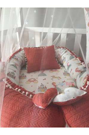 Babynest Kiremit Örgü v Müslin Kumaş Ponponlu Jaju-babynest Oyuncak Askı ve Cibinlik Tül Set