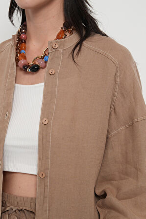 KADIN %100 KETEN HAKİM YAKA İP DETAYLI GÖMLEK