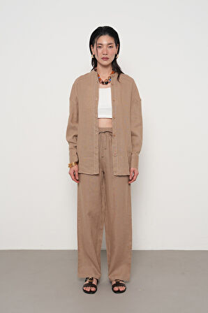 KADIN %100 KETEN HAKİM YAKA İP DETAYLI GÖMLEK