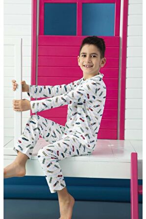 Erkek Çocuk Interlok Beyaz Pijama Takımı