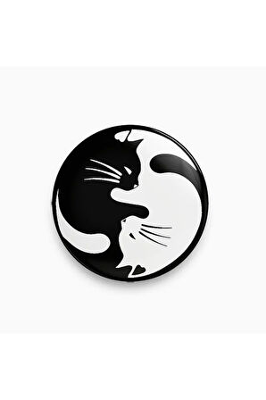 Kedi Ying Yang Şeklinde Siyah Beyaz Rozet Metal