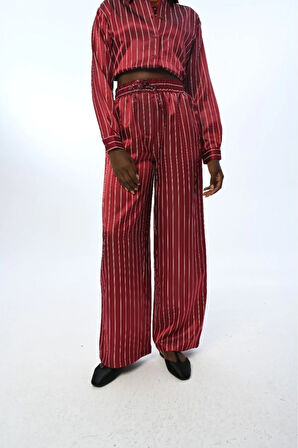 KADIN BELİ LASTİKLİ BOL PAÇA ÇİZGİLİ PANTOLON