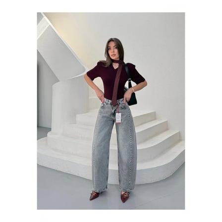 Yüksek Bel Wide Leg Salaş Jean Pantolon - Gri