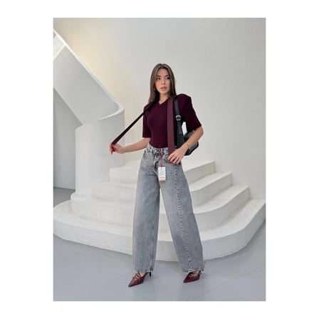 Yüksek Bel Wide Leg Salaş Jean Pantolon - Gri