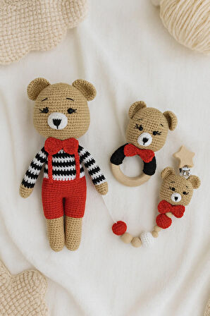 Amigurumi Kırmızı Ayıcık 29 Cm Çıngırak Ve Emzik Zinciri Üçlü Set