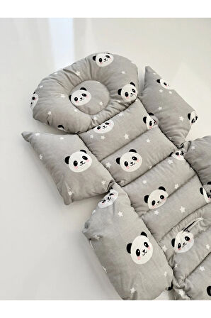 Gri Panda Desenli Bebek Arabası Minderi