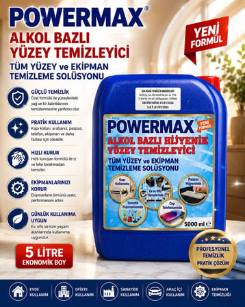 POWERMAX Alkol Bazlı Hijyenik Yüzey Temizleyici 5 Litre Profesyonel Yüzey Temizlik Ürünü