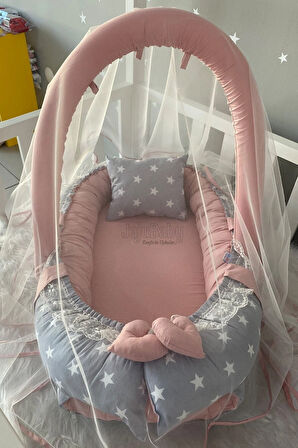 Gri Yıldızlı Pudra Cibinlik Ve Oyuncak Askılı Tasarım Jaju-babynest Anne Yanı Bebek Yatağı