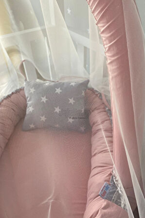 Gri Yıldızlı Pudra Cibinlik Ve Oyuncak Askılı Tasarım Jaju-babynest Anne Yanı Bebek Yatağı