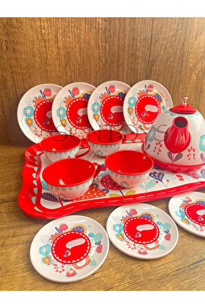 Kutulu 15 Parça Çay Seti Fincan Takımı Metal Evcilik Oyunu Çiçekli Oyuncak Çay Seti Fincan Seti