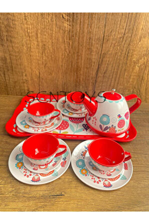 Kutulu 15 Parça Çay Seti Fincan Takımı Metal Evcilik Oyunu Çiçekli Oyuncak Çay Seti Fincan Seti