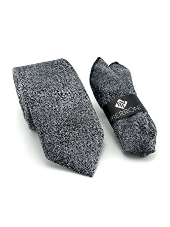  Gri Siyah Desenli Mendilli Kravat P0399