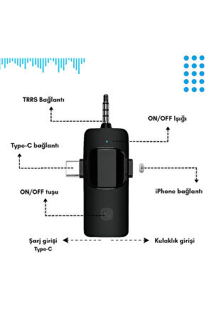 QASUL 2 Lİ KABLOSUZ YAKA MİKROFONU iOS Android, Kamera, USB-C  , Video Kaydı, Vloglama