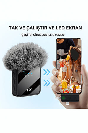 QASUL 2 Lİ KABLOSUZ YAKA MİKROFONU iOS Android, Kamera, USB-C  , Video Kaydı, Vloglama